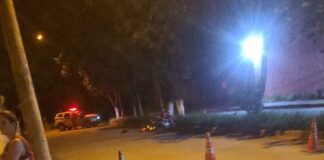 Motoqueiro atinge canteiro central e árvore no Parque Jardim