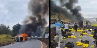 Mais um acidente para a BR 381, uma carreta tombou e pegou fogo próximo à Itaguara